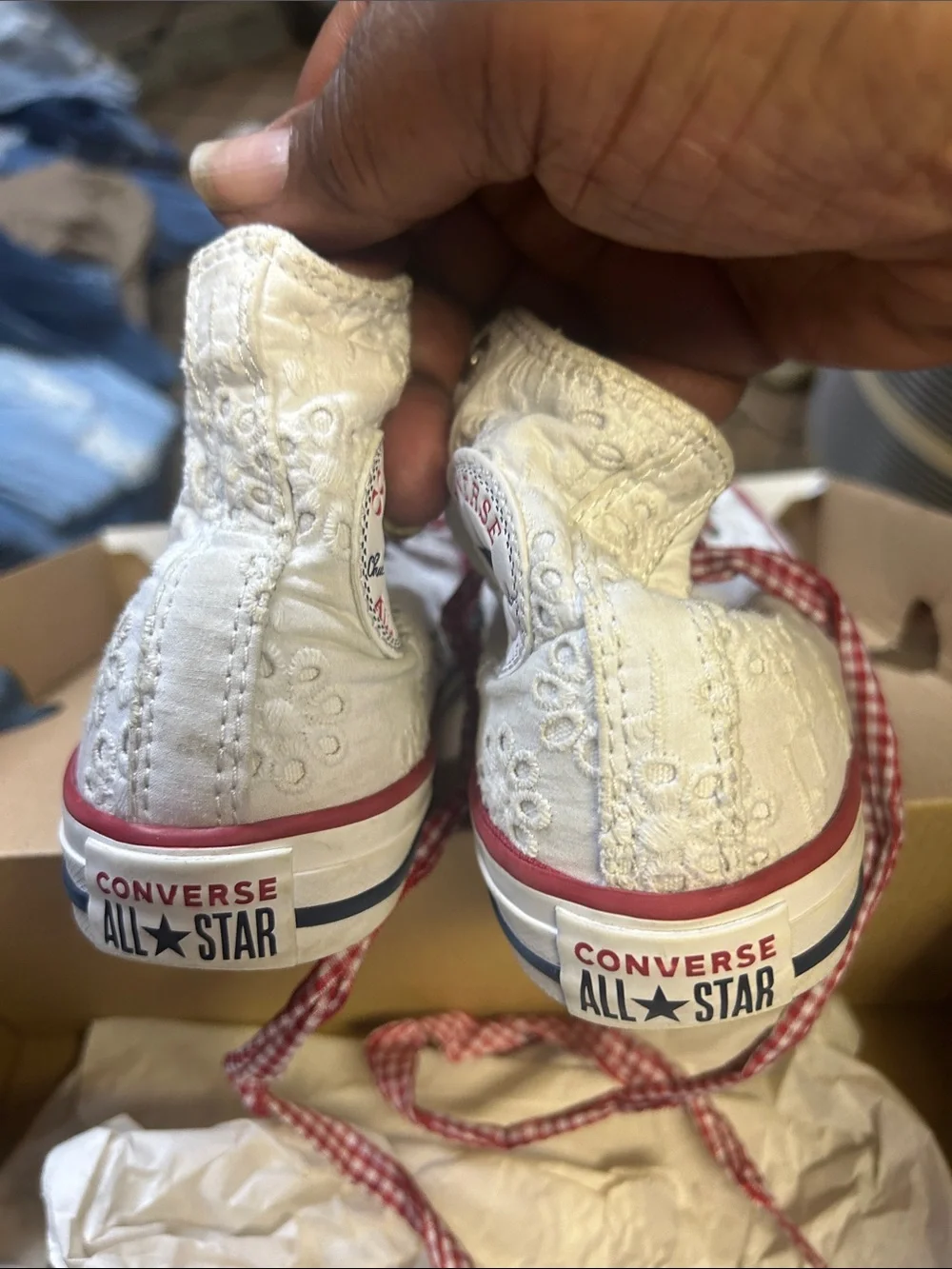 Converse White Kids High-Top Sneakers with Red Gingham Laces NEDOS